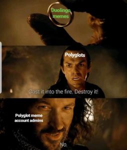 A Lord of the Rings meme where one character (looking at the words Duolingo Memes) says "cast it into the fire!" and the second character, labeled Polyglot Meme Account Admin, says "I don't think I will"