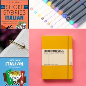 A collage of photos showing: a yellow notebook, multicolor pens, an Italian Short Stories book, an Italian cookbook, and a bookmark that looks like an anchor