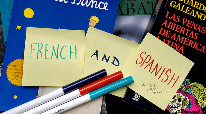 Sticky notes that say "French and Spanish at the same time"