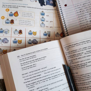 An image of two language learning grammar books and a notebook