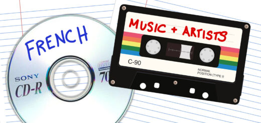 A cassette and CD which say "French music and artists" on top of lined paper