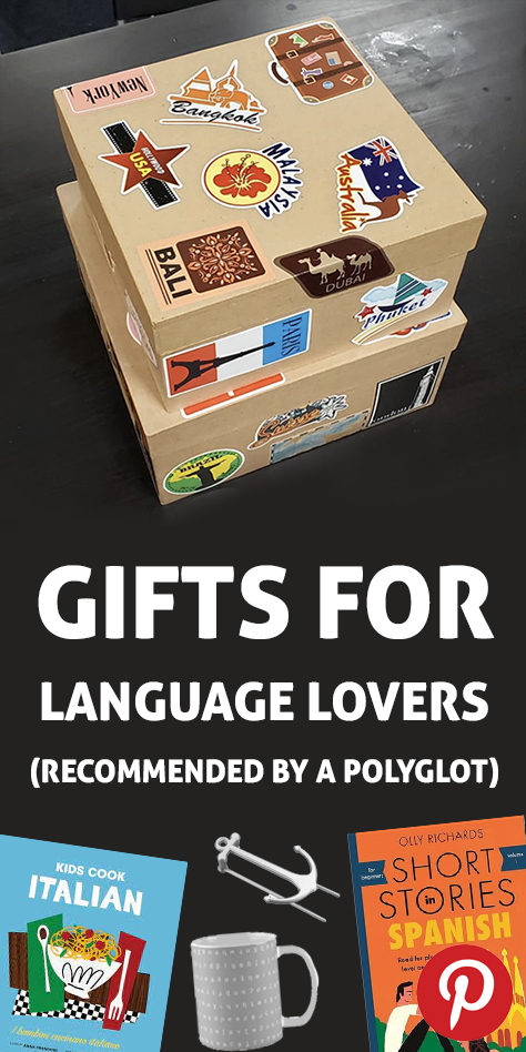 A pinterest image flag with the words "gifts for language lovers" written above some gift examples