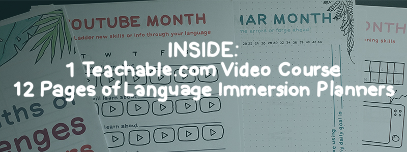 Inside the course: 1 Teachable dot com video course and 12 pages of monthly language learning trackers