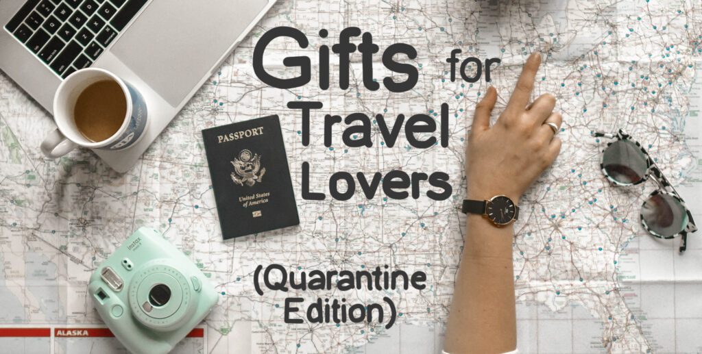 The words "gifts for travel lovers" written on a map